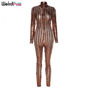 Weird Puss Hollow Out Women Skinny Jumpsuits Sexy Zipper Long Sleeve Activity Fitness Party Club See Through Streetwear Outfits